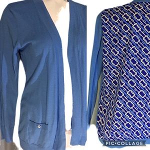 Blue & White Geometric Open Front Cardigan